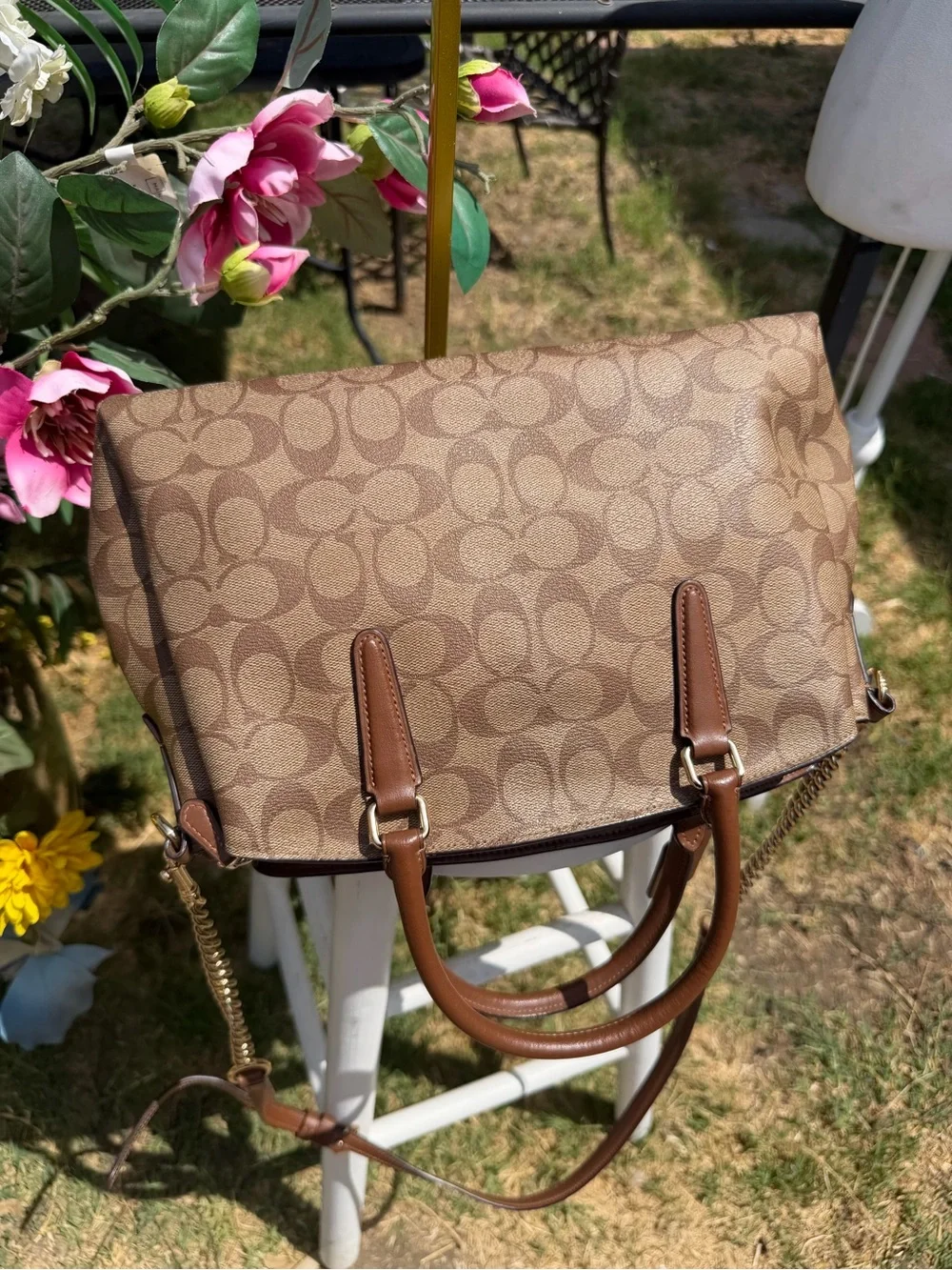 Coach Brown Signature Dome Satchel with Chain-Strap
